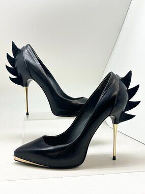 Monika Chiang Women’s Black Leather Winged Gold Heel Pumps Size 40